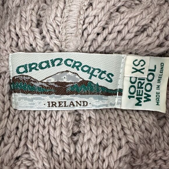 Aran Crafts Women XS Irish Wool Zip-Front Hooded Sweater Cardigan Tan Fisherman - Picture 8 of 13